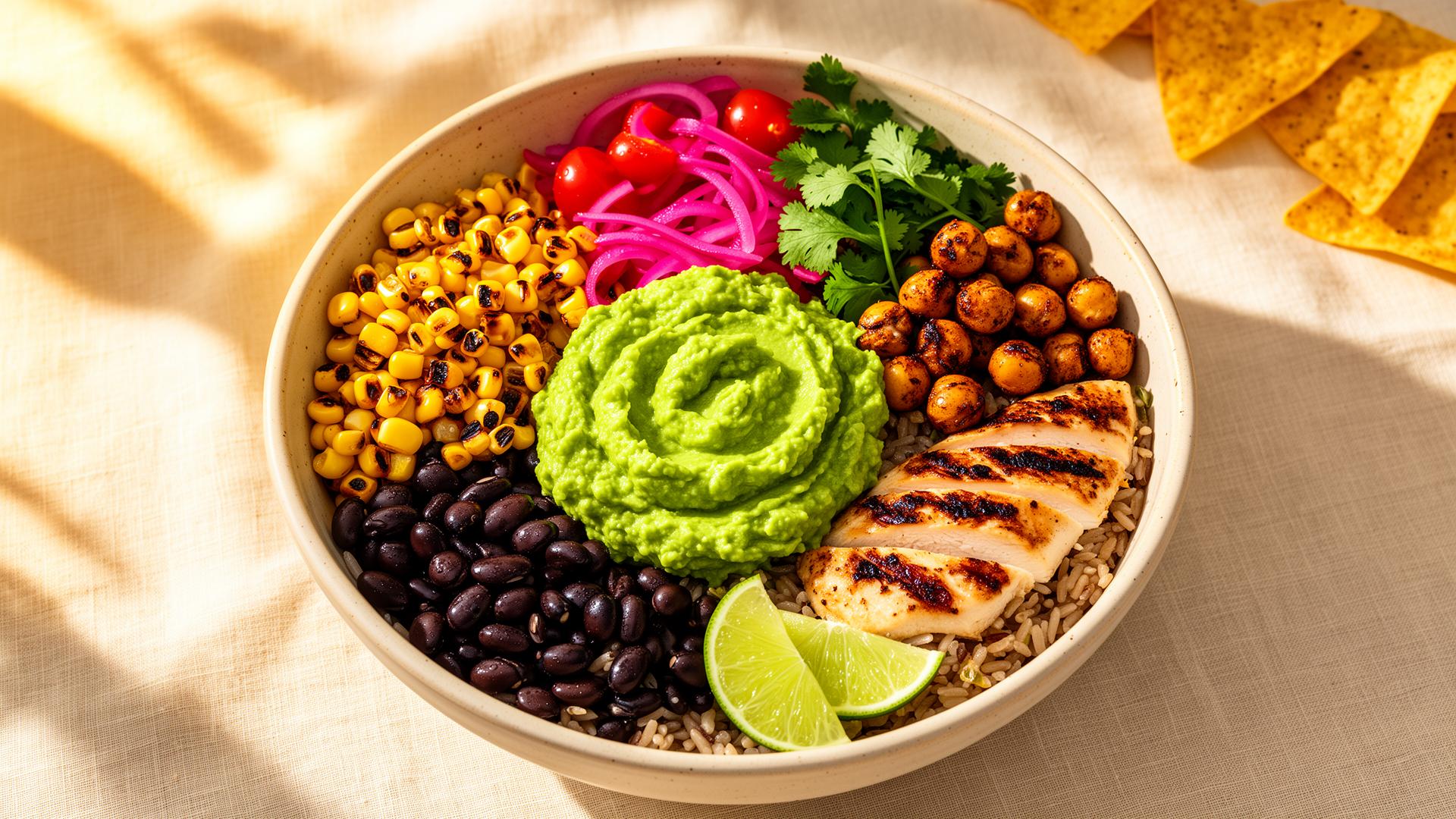 Fresh modern grain bowl with guacamole, corn, beans, and grilled chicken
